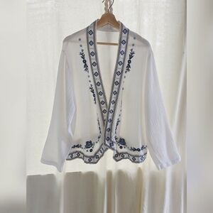 White Kimono Cardigan with Blue Embroidery, Boho, Beach, Breezy